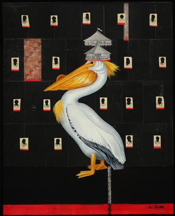 Carnival Pelican, Oil on Canvas with Collage