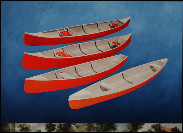 Floating Canoes, Oil on Canvas/Collage,