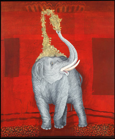 Industrious Elephant, Oil on Canvas/Collage