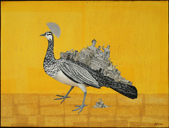 Industrious Bird, Oil on Canvas with Collage