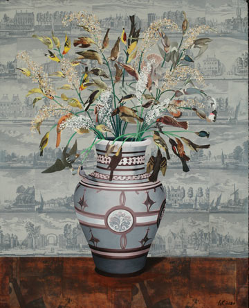 Bird House Vase, Oil/Collage on Paper