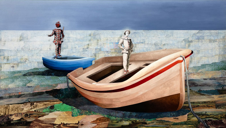 Arlecchino and Pedrolino O/C/Collage  34” x 60”