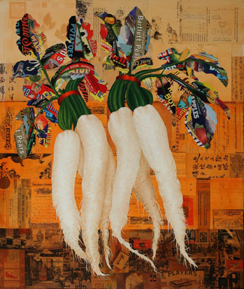 Dancing Daikon”, Oil/Canvas with Collage, William Simon and Carmen Chang, Palo Alto, CA
