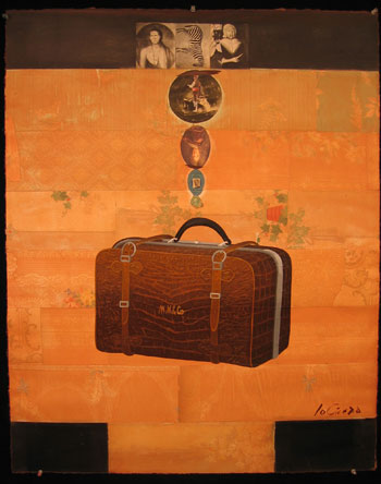 M and M Suitcase, Oil on Paper with Collage