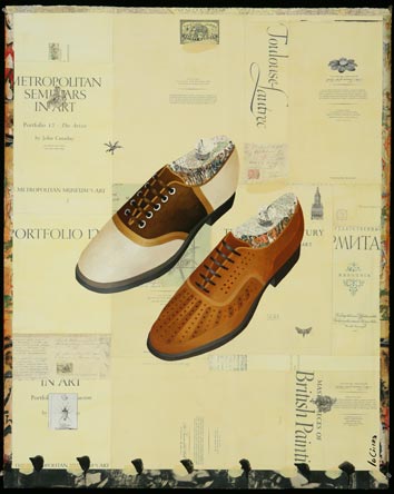 Shoe Wars, Oil on Paper with Collage