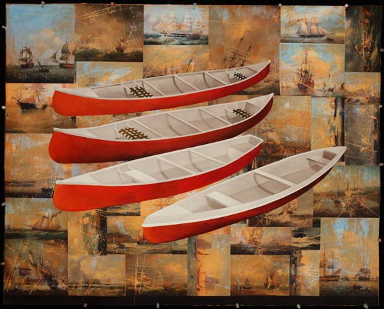 Canoes, Oil on Paper with Collage