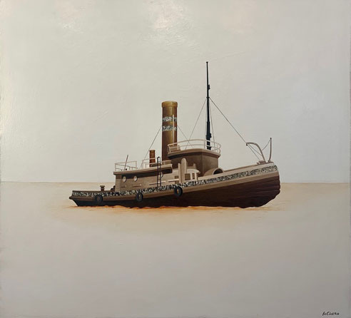 Tug, Oil on Canvas with Collage, 33” x 36”, Barry Labonde Seattle WA